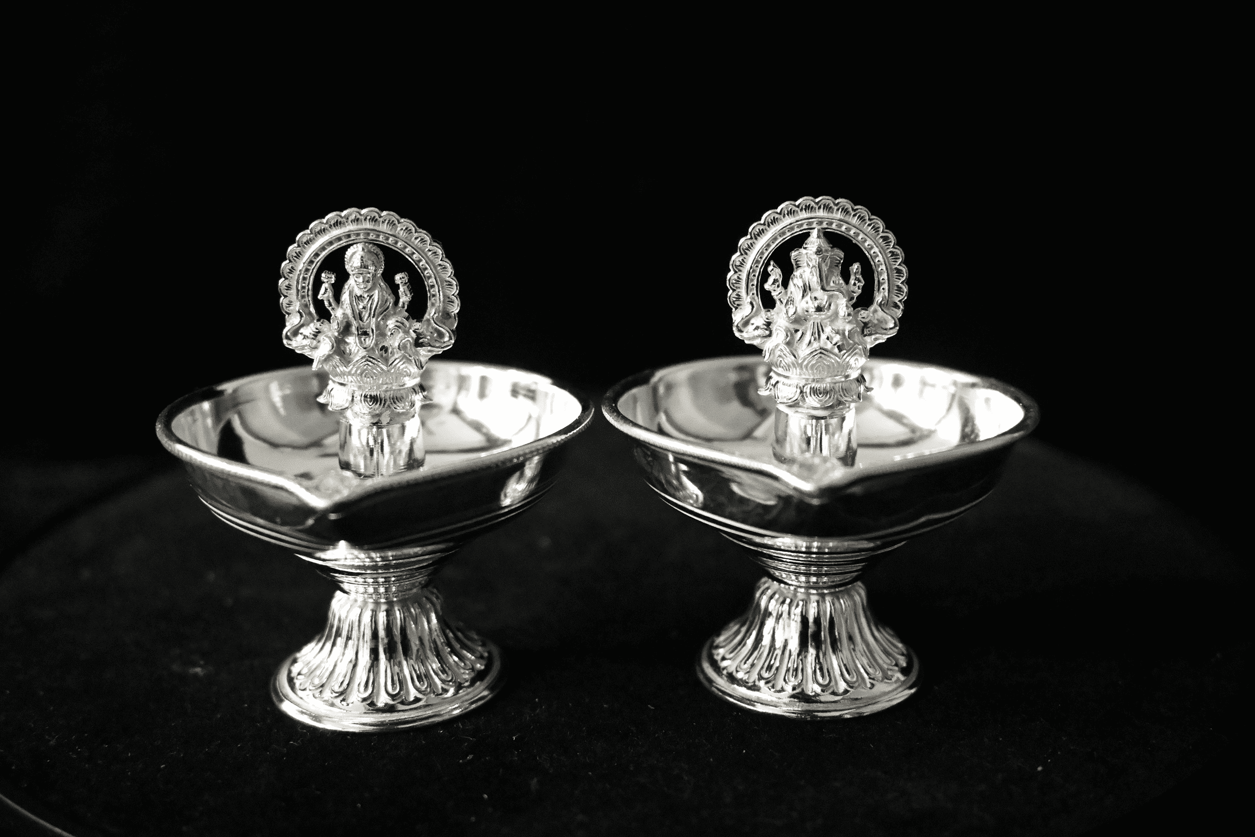 Silver Lakshmi Ganesh Diya Pair